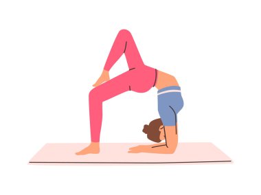 Yoga yapan ve spor yapan kadın karakter. Vektör, sportif ve esnek kişiliği minderde izole etti. Sağlıklı ve sağlıklı yaşam için spor ve eğlence aktiviteleri. Egzersiz ve zindelik