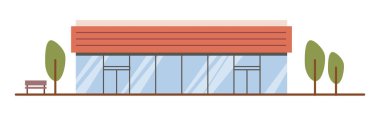 Modern süpermarketin dışı, manzarası, ağaçları ve tezgahı olan izole bir dükkan. Panoramik pencereleri ve ziyaretçiler ve müşteriler için girişleri olan alışveriş merkezi veya alışveriş merkezinin vektör cephesi
