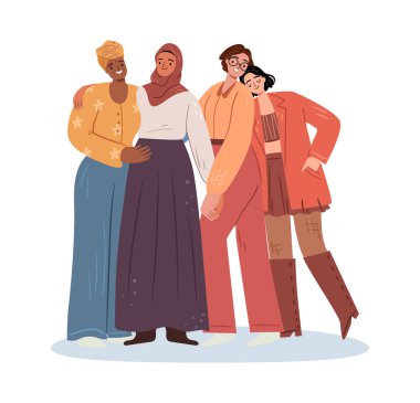 Feminizm hareketi ve hakların korunması, uluslararası kadınlar günü kutlamaları. İzole edilmiş vektör kız grubu, yetkilendirme ve çeşitlilik, eşitlik ve çok kültürlü sosyal dayanışma