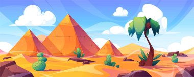 Giza plateau landscape with egyptian pharaohs pyramids complex. Vector desert environment with cactuses, palm tree and stones. Ancient historical, famous tourist attractions in african wasteland clipart