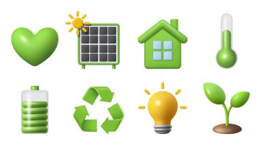 Organik ve sürdürülebilir yenilenebilir enerji. Vektör, üç boyutlu olarak izole edilmiş simge. Güneş paneli ve piller, akıllı ev ve iklim değişikliği sembolü. Elektrik, geri dönüşüm ve yeşil yaprak bitkisi olan ampul