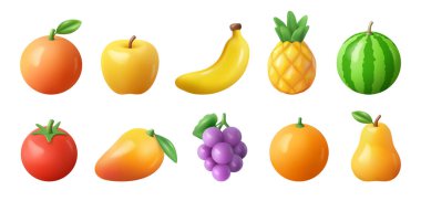 Tropikal ve egzotik meyveler, vejetaryenler ve vejetaryenler için soyutlanmış organik yemekler. Vektör 3 boyutlu karpuz ve elma, muz ve armut, mango ve domates, ananas ve üzüm, greyfurt ve portakal