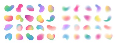 Gökkuşağı etkisiyle değişen sıvı şekilleri. Renklerin rengarenk vektörü, dekorasyon için bulanık yaratıcı suluboya boyaları. Minimalist kabarcıklardaki canlı geçişler