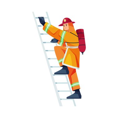 Koruyucu üniformalı havalı itfaiyeci yangın tuzağı kurbanlarına ulaşmak için merdivene tırmanıyor. Vektör düz çizgi film karakteri, insanları yanan binadan kurtarmak için yangın söndürücüyle izole edilmiş itfaiyeci.