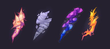 Yıldırımlar ve şimşekler okları ateş ve taş dokusuyla vurur. Çizgi film oyunu, mal varlığı ya da anime tasarımı için vektör izole edildi. Hareket ve dinamizm, patlama ve sihirli güçler patladı.