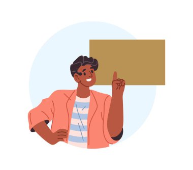 Adam boş pankartı işaret ediyor ya da fotokopi alanı ile reklam yapıyor. Vektör erkek karakter iş geliştirme ve gelişim için tavsiye veriyor. Mal veya hizmetlerin kişisel sunumu