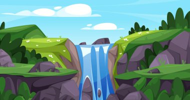 Şelale ve kayalarla dolu doğa manzarası. Oyun sahnesi, macera ya da seyahat için. Yürüyüş ve takip için dinlenme ya da seyahat manzarası. Dağlar ve tepeler yeşil çimlerle, gökyüzü bulutlarla