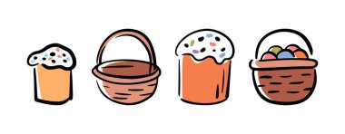 Paskalya pastası ve renkli yumurtalarla örülmüş sepet. Bahar bayramı kutlaması için izole edilmiş karalamalar. Paska ve Pysanka, Hristiyanlık gelenekleri ve Doğu Avrupa gelenekleri