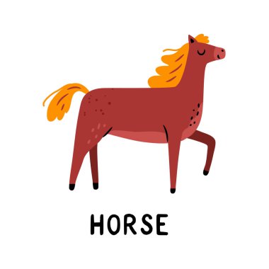 At burcu, karalama, Kore ve Japon bayram sembolü çizgi film tarzında. 2026 Çin Yeni Yılı Zodiac tabelası, At Yılı, CNY tebrik kartı. Şirin hayvan vektör illüstrasyonu