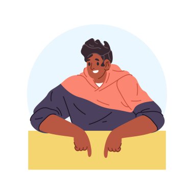 Genç gülümseyen adam, mesaj için fotokopi aletiyle pankartı işaret ediyor. Vektör, tavsiye isteyen ya da tavsiye veren neşeli bir kişiliği izole etti. Ürünün reklamı veya pazarlanması