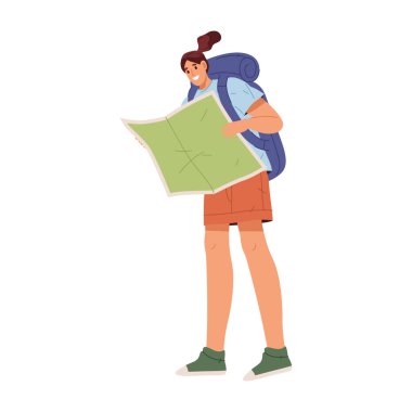 Sırt çantalı kız haritaya bakıyor. Navigasyon ve yön arıyor. Omzunda çanta olan izole edilmiş kadın şahıs, şu anki konumunu kontrol ediyor. Dağlar yürüyüş ve seyahat hobisi