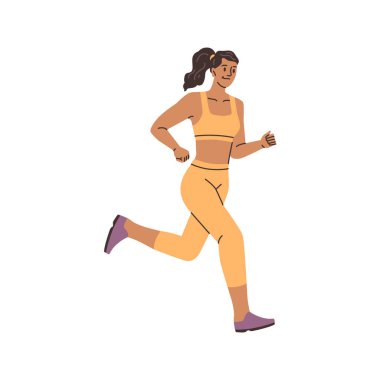 Spor takımında koşan kadın karakter. Vektör, koşu yapan ve maratona hazırlanan yalnız bir kadın. Aktif ve sağlıklı bir yaşam tarzı sürdürmek, formda ve zayıf olmak. Sabah hareket ve idman