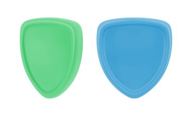 Sağlık ve koruma, boş alanları olan savunma kalkanları. Vektör izole edilmiş gerçekçi 3D dizayn. Etiketli çerçeve, ödül ve kaliteli rozet etiketi. Güvenlik garantisi yan ve ön görünüş