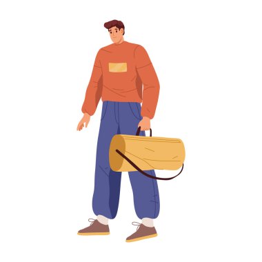 Seyahat eden erkek karakter el çantasını taşıyor. Vektör izole edilmiş bir adam iş seyahatine, tatile ya da tatile çıkıyor. İşe gidiş gelişler, nakil bekleyen yolcular, çuvallı gezginler.