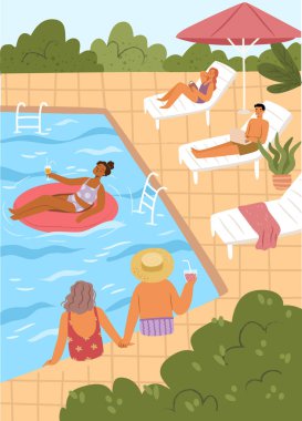 Su, havuz ve kadın ve erkek karakterler için dinlenme ve yüzme. Vektör kişilikleri şezlongda uzanır, şişme çemberde güneşlenir, kokteyller içer ve yaz tatillerinin tadını çıkarırlar.