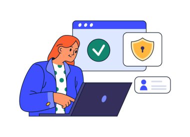 Sanal güvenlik ve dijital koruma, düz çizgi film vektör çizimi. İş yerinde ve evde kişisel verilerin ve bilgilerin şifrelenmesi. Bilgisayarlı bir kadın kilitlemek için parola kullanıyor