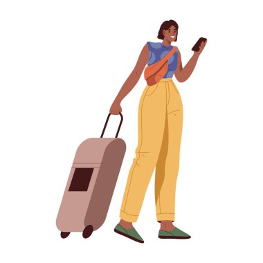 Çantalı genç bir kadın cep telefonuna bakıyor ve otobüs ya da taksi bekliyor. Bagajlı bir turist. Kadın karakter seyahat ediyor. Kız seyahat çantasıyla seyahate çıkıyor.