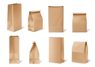 Kağıt torbalar, izole edilmiş el işi paket koleksiyonu. Yiyecek, öğle yemeği, kahve ya da çay, şeker ya da atıştırmalıklar için açık ve kapalı paket maketler. Geri dönüşümlü hafif ambalaj