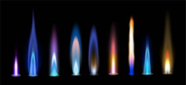 Gaz alevleri yakıldı, soyut, enerjik, yanan ateş koleksiyonu yakıldı. Vektör gerçekçi parlamalar, farklı şekillerde yanıp sönen parıltılar. Tehlike doğal metan alevi ya da yanan ışık