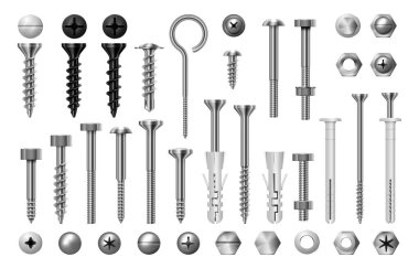 Vidalar, çelik cıvatalar ve büyü somunları bağlanmak için izole edilmiş metal enstrümanlar. Gerçekçi bir şekilde vektör. Marangozluk ve yenileme için paslanmaz aletler. İnşaat için çivi ve perçin.