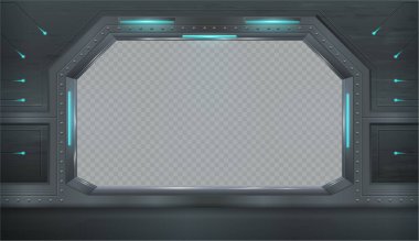 Uzay mekiği ya da uzay gemisi penceresi. Vektör gerçekçi stil, gizli laboratuvarın oyun tasarımı ya da neon ışıklı sığınak ve boş alan. Manzara, manzara, evren ve evrenin keşfi için bir model.