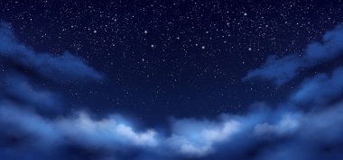 Yıldızlı ve takımyıldızlı gece bulutlu gökyüzü. Bulutları ve bulutları olan gerçekçi bir akşam manzarası. Açık hava manzarası için dramatik bir gökyüzü. Sis ya da sis, gizemli görünüş