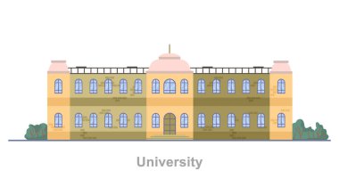 Üniversite dışı, öğrencilerin bilgi edinmesi ve diploma alması için izole edilmiş belediye binası. Vector yassı çizgi film tarzı, vatandaşlar için eğitim ve öğrenim cephesi
