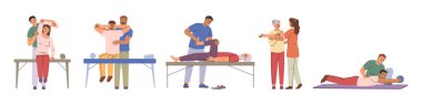 Travma sonrası iyileşme ve sakatlığı olan insanların fizyoterapisi. Vector izole daire, hemşireler fitness egzersizleri ve spor aktiviteleri, artan hareketlilik