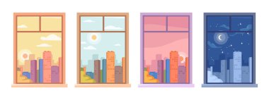 Şehrin manzarası farklı bir günde. Düz stil vektörü, gökdelenler ve şehir mimarisi, şafak ve alacakaranlık, sabah ve akşam ya da gece şehir manzaralı izole bir pencere.