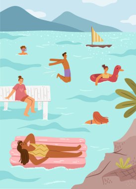 Deniz kenarında dinlenen kadın ve erkek karakterler, şişirilebilir döşekler ve daireler kullanarak yüzen ve bronzlaşan insanlar. Kadın iskelede oturuyor, adam suya atlıyor. Yaz mesleği ve eğlencesi
