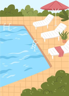 Seyahat ve dinlenme, turizm ve ekotor tatili, tatiller veya hafta sonları. Şezlonglu, tropik şemsiyeli, yüzme ve bronzlaşmalı açık hava havuzu. Vahşi yaşam çalıları ve doğal yeşillik