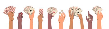 Karikatür insan kolları kart, fiş ve zar oynuyor. Vektör kumar şansı. Vegas kumarhanesi ve ikramiye kazanmak. Kumar servetleri ve kumar asları. Eğlence Kulübü. Poker elleri koleksiyonu