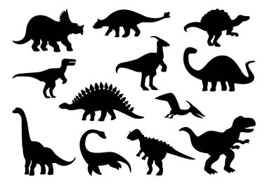 Dinozorların siluetleri, tarih öncesi döneme ait nesli tükenmiş hayvanlar. Vektör dino triceratops ve stegosaurus, Jurasik yaratıklar ve kanatları, yüzgeçleri ve pençeleri olan türler. Deniz ve kara vahşi sürüngenleri.
