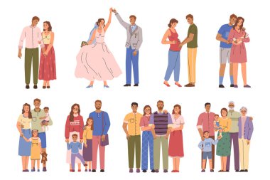 Erkek ve kadın ilişkisi aşamaları. Çocuklu vekil ebeveynler, aşık erkek ve kadın karakter, flört ve evlilik. Düğün töreni ve büyükbabam ve büyükannemle portre.