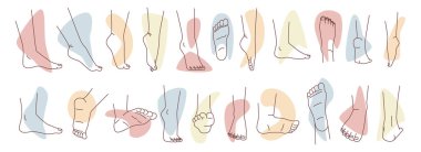 Kadın ayak koleksiyonu, çeşitli pozisyonlardaki zarif kız bacakları. Ayak bileği ve parmaklar hazır. Modellik sanatı. Spa salonunun reklamı. Kadın organı. Tek renkli çizim