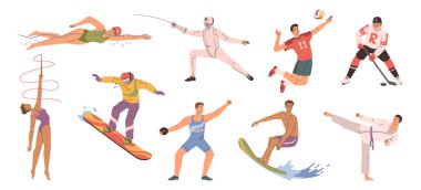 Spor ve hobiler. Aktif yaşam tarzı olan izole insanlar. Düz stil, eskrim ve futbol, ritmik jimnastik ve sörf, snowboard ve karate, yüzme ve hokey alanlarında vektör