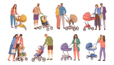 Annelik, babalık, bebek arabasında çocukla yürüyen izole bir aile. Düz stil taşıyıcı, bebekleri ve bebekleri olan anne ve baba. Ebeveynlik ve çocuklarla vakit geçirmek