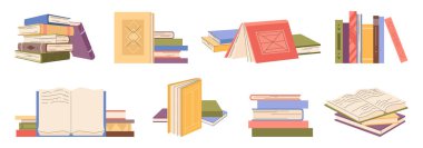 Kapalı ve el yazısıyla günlükleri aç. Eğitim ve öğrenim için kitapların ve ders kitaplarının vektörü. Notlar ya da ansiklopedi yayıncılığı. Kitapçı ya da dükkan, üniversite kütüphanesi