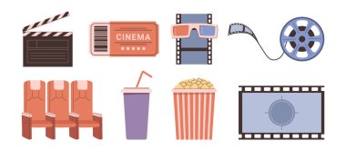 Sinema simgeleri ayarlandı. Vektör izole edilmiş patlamış mısır kutusu paketi ve büyük film makarası, alkış ve bilet, 3D bardaklar ve sandalyeler, film şeridi ve içki. Sinematografi ve eğlence, boş zaman