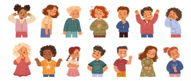 Sevimli çocuklar duygularını jest, poz ve taklitle iletiyorlar. Pozitif ve negatif duyguları ifade eden vektör çizgi film karakterleri. Gururlu ve kızgın, gücenmiş ya da ağlayan, kafası karışmış ya da sıkılmış, sıkılmış ya da mutlu