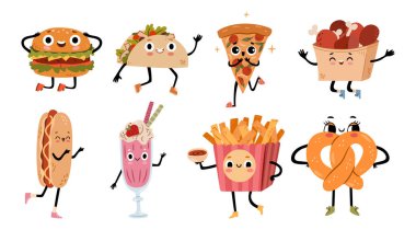 Ayakları ve kolları olan sokak yemekleri kawaii karakterleri. Vektör şirin atıştırmalıklar maskotlar. Taco ve hamburger, pizza ve tavuk bacağı, sosisli ve meyveli milkshake, soslu patates kızartması ve kraker.