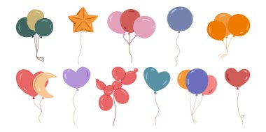 Yuvarlak, köpek ve kalp, yıldız ve ay şeklinde helyum şeklinde şişirilebilir balonlar. Vector bayram kutlaması ve eğlence ve neşe atmosferi. Doğum günü, parti ya da özel etkinlik için dekorasyon. Kutlama ögeleri