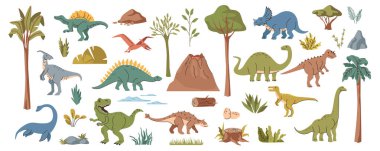 Tarih öncesi hayvanlar, ağaçlı ve otlu dinozorlar. Vektör dino triceratops ve stegosaurus, Jurasik yaratıklar ve kanatları, yüzgeçleri ve pençeleri olan türler. Deniz ve kara vahşi sürüngenleri.