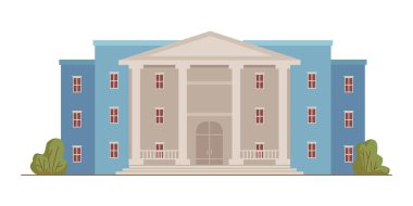 Bankanın dış cephesi, geniş kapıları ve heybetli sütunları olan kamu binası. Vector Üniversitesi ya da okul müessesesi. Toplum yapısının klasik mimarisi, yetkililerin kurumu