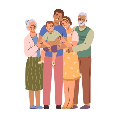 Aileler ve çocuklar kucaklaşıp gülümsüyor, sevgi ve destek. Vektör, baba, anne ve oğuldan, büyükanne ve büyükbabadan oluşan neşeli ahır ailesini izole etti. Kucaklayan sevimli çizgi film karakterleri