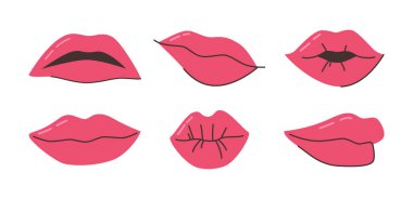 Kadın dudakları. Farklı ifadelerde ruj sürmüş vektör kadın ağzı. Dekorasyon için eski moda objeler. Gülümseme, öpüşme, yarı açık öpücükler ve üzüntü gibi duyguları ifade eder.