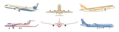 Yolcu uçakları farklı yönlere ve pozisyonlara bakıyor. Düz stil taşıyıcı, yolculuk ve ulaşım için izole edilmiş hava otobüsleri. İnsanlar için ulaşım araçları, ticari uçak şirketleri