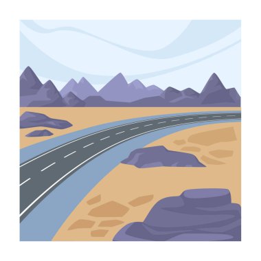 Dağlardan ve uzak bölgelerden geçen terk edilmiş bir yol. Düz stil, otoban ya da cadde üzerinde sürücü ve taşımacılık işaretleri olan bir vektör. Gezinti ya da yolculuk manzarası, tepeli manzara