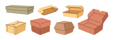 Paketler ve kutular paket servis için. Düz stil vektörü, dükkanlardan ve restoranlardan yiyecek ve yemek için izole edilmiş ekolojik paket seti. Ürün ve siparişler için karton geri dönüşümlü kağıt