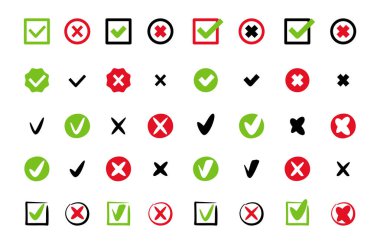 Kontrol kutuları ve kontrol listeleri için işaretler ve işaretler. Vektör el çizimi element simgesi, onaylama veya oylama, onay veya olumlu cevap evet. Anlaşmanın kalem, kömür veya mürekkep sembolleri veya doğru test